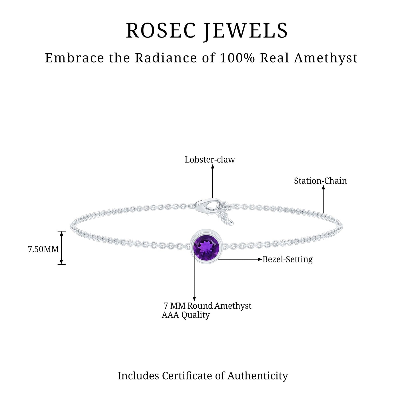 Genuine 7MM Amethyst Solitaire Chain Bracelet in Bezel Set