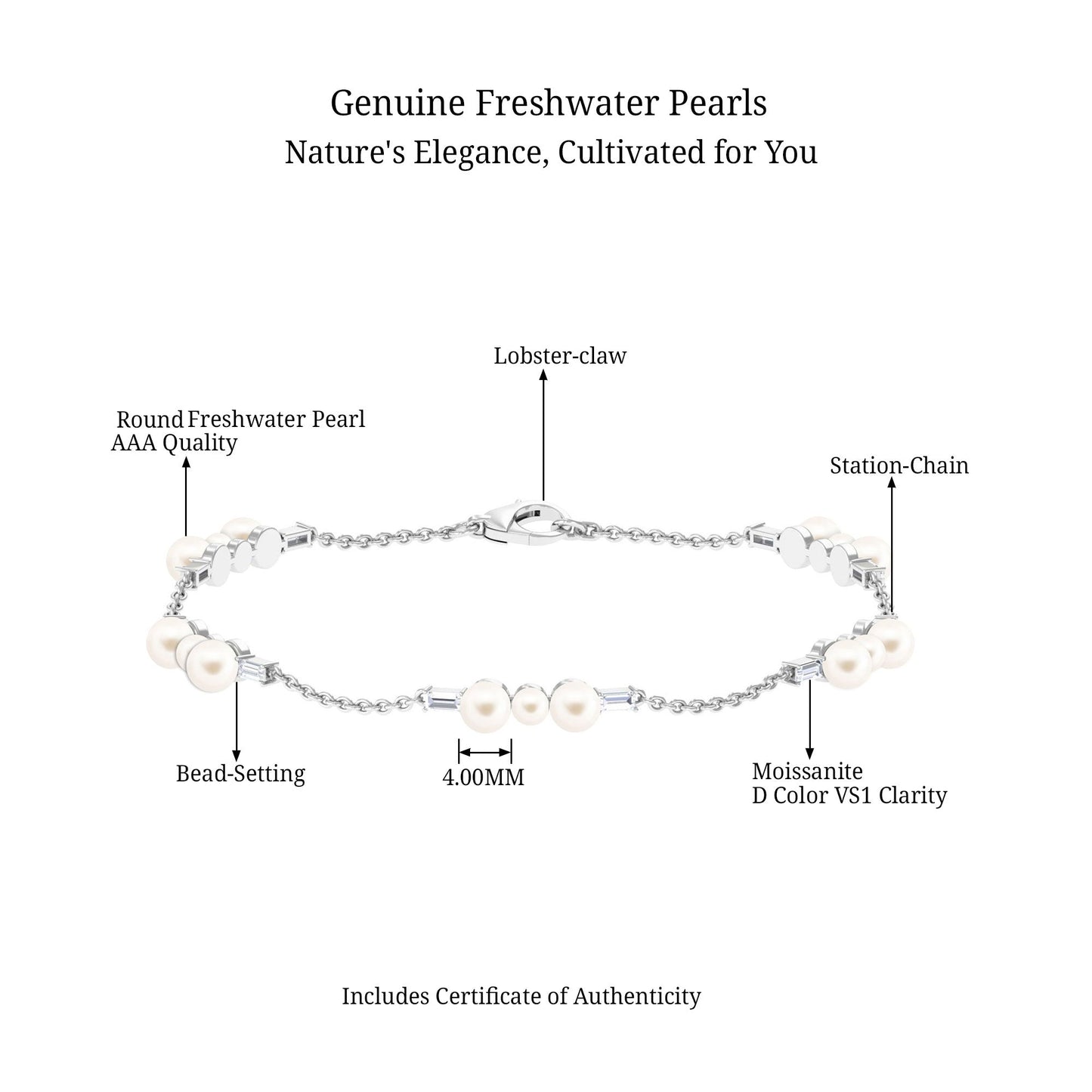 Genuine Freshwater Pearl and Moissanite Station Chain Bracelet