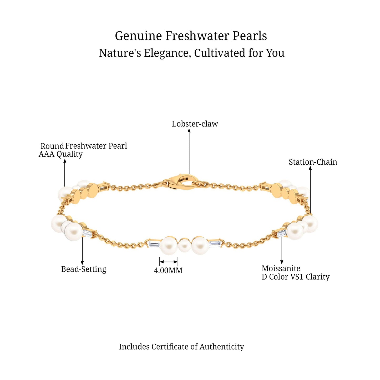 Genuine Freshwater Pearl and Moissanite Station Chain Bracelet