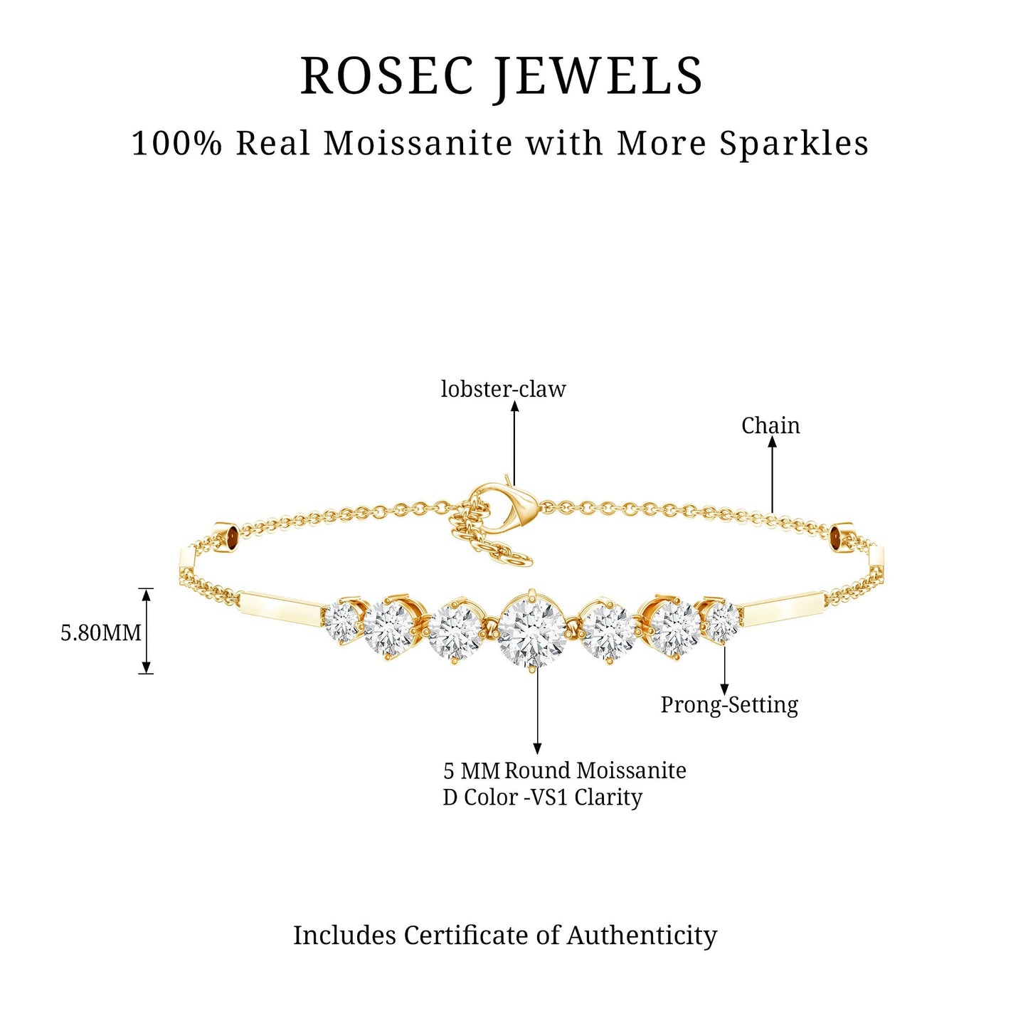 Graduated Style Round Moissanite Link Chain Bracelet for Women