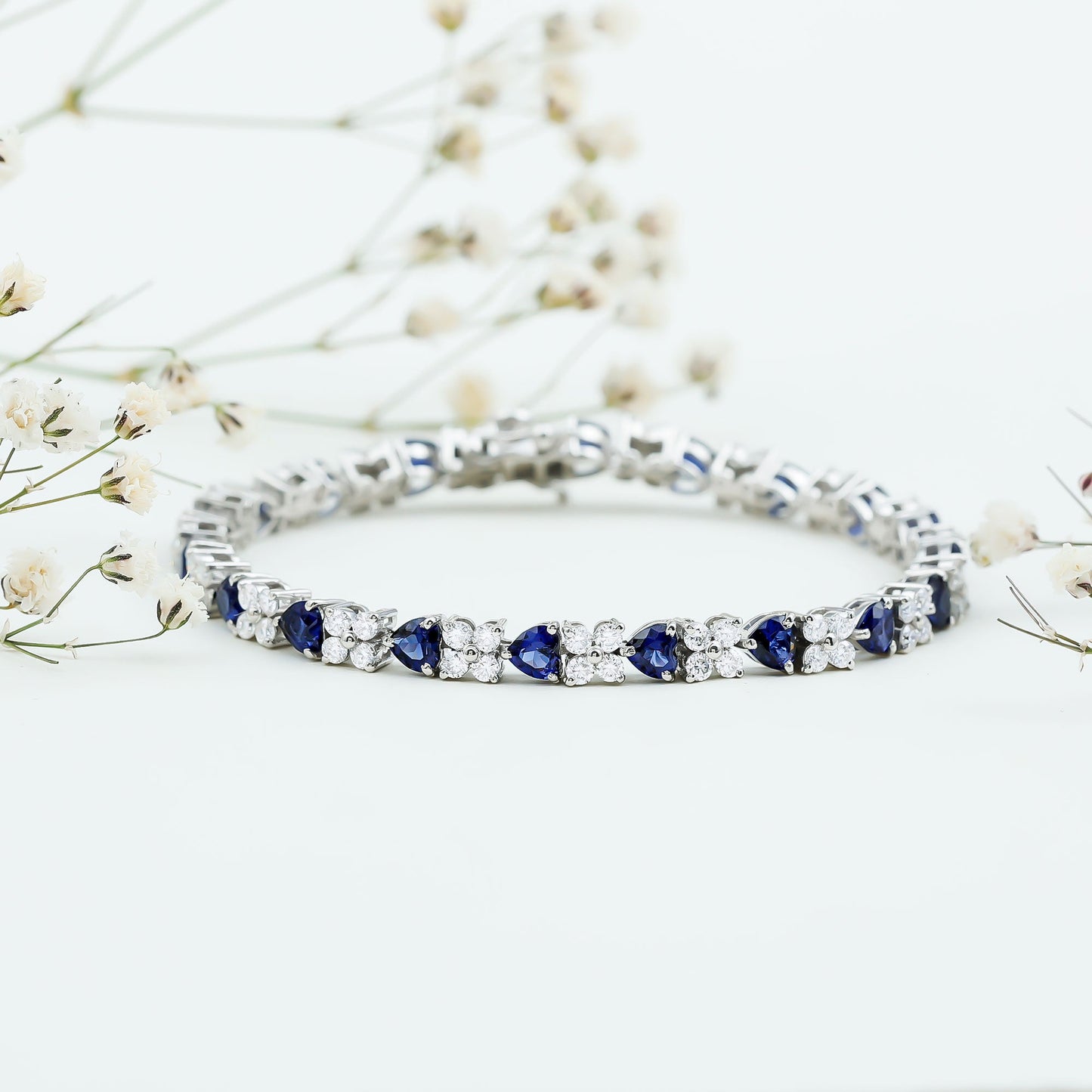 Certified Lab Grown Blue Sapphire And Moissanite Heart Tennis Bracelet