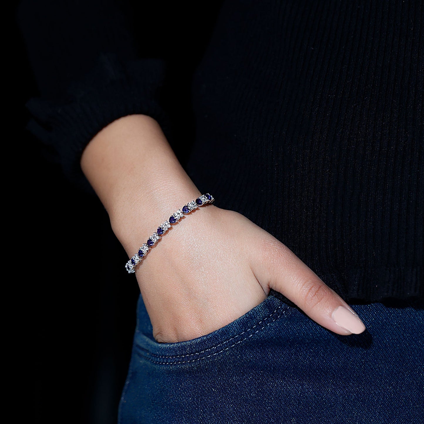 Certified Lab Grown Blue Sapphire And Moissanite Heart Tennis Bracelet