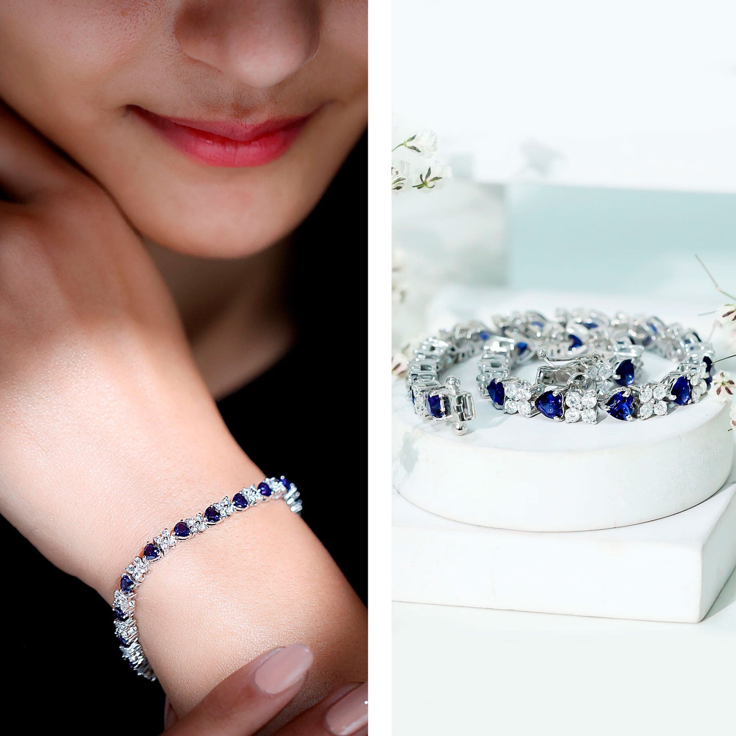 Certified Lab Grown Blue Sapphire And Moissanite Heart Tennis Bracelet