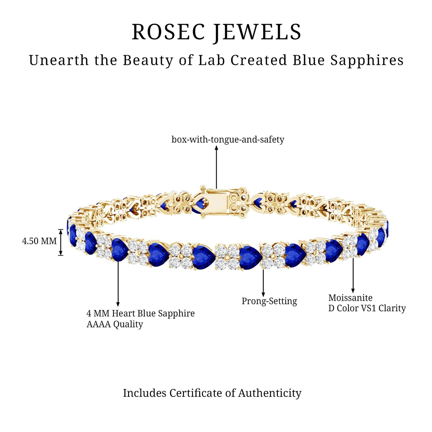 Certified Lab Grown Blue Sapphire And Moissanite Heart Tennis Bracelet