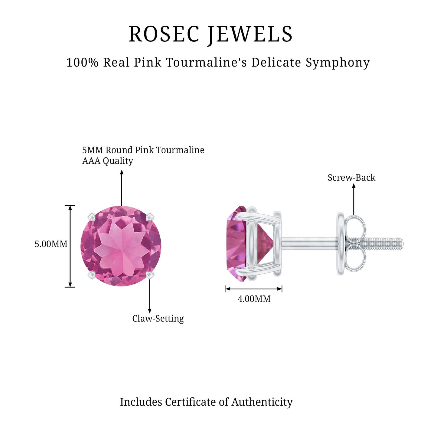 Round Shape Pink Tourmaline Stud Earrings for Women