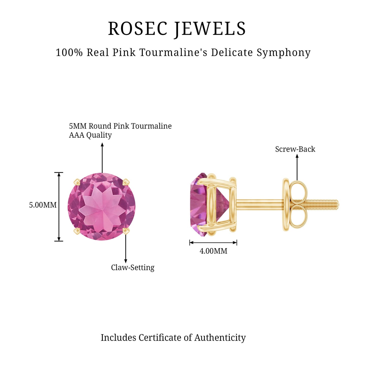 Round Shape Pink Tourmaline Stud Earrings for Women
