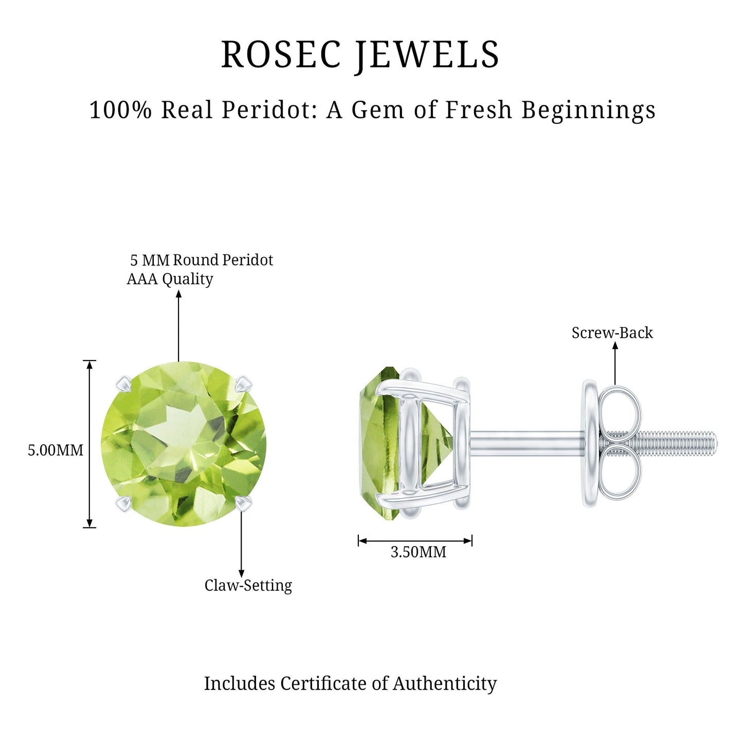 Natural 1 Carat Peridot Stud Earrings with Screw Back