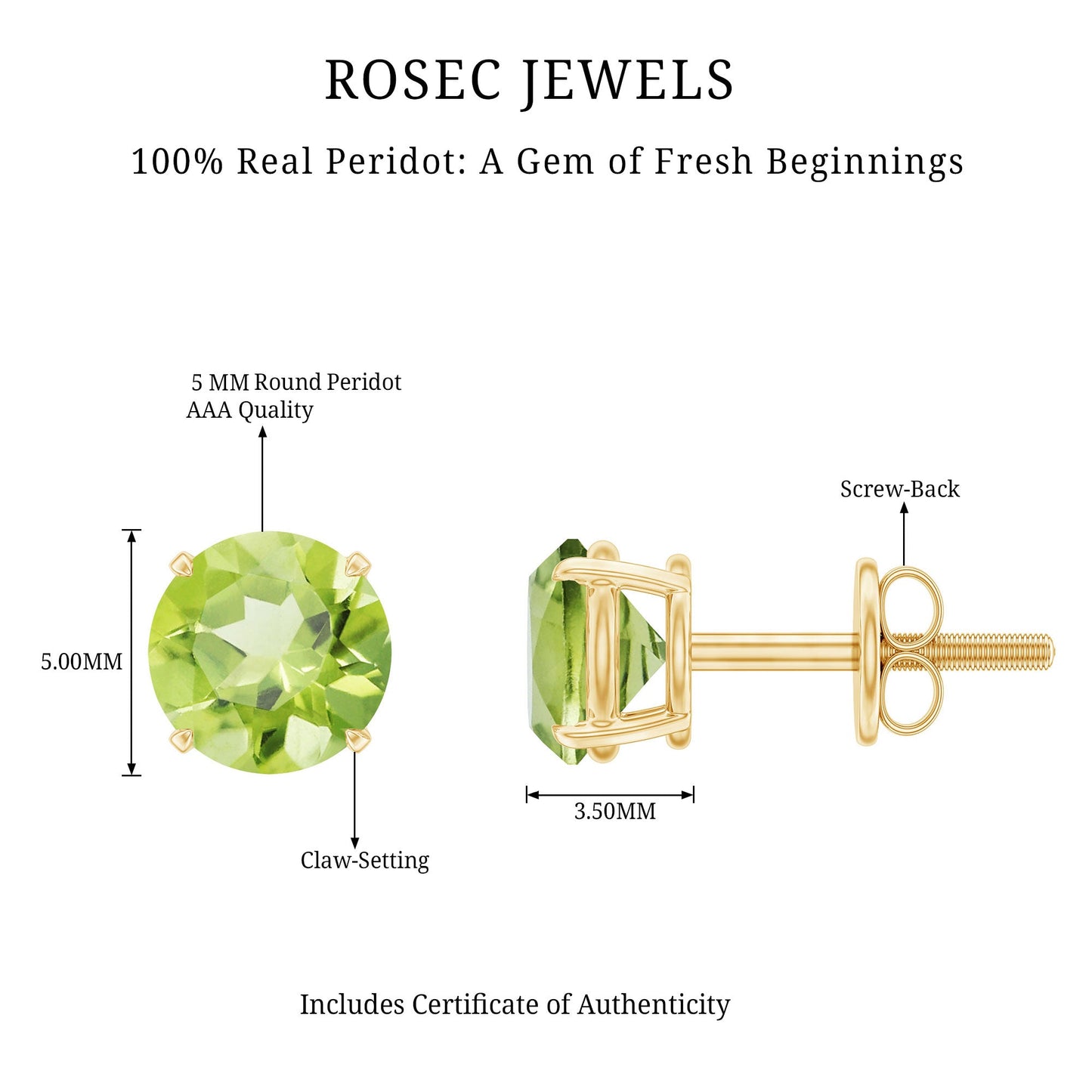 Natural 1 Carat Peridot Stud Earrings with Screw Back