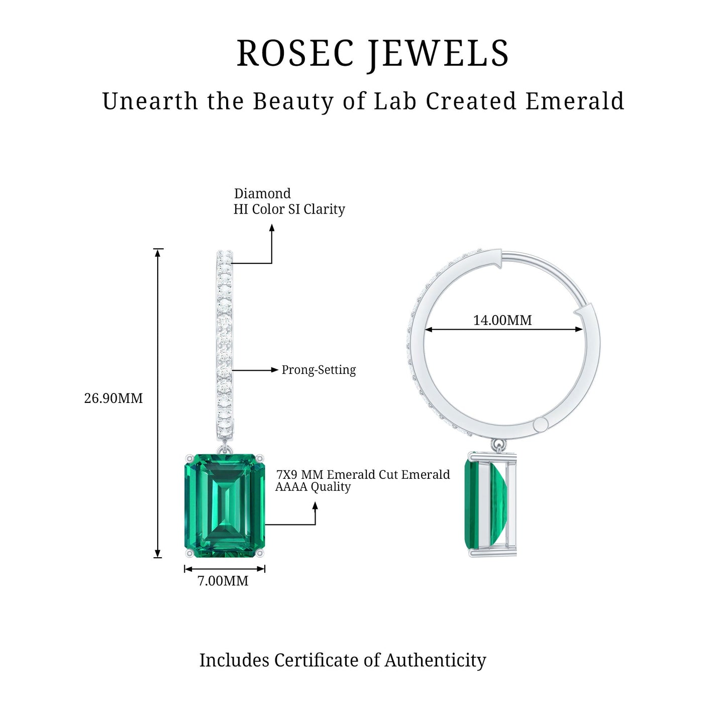 5 CT Lab Grown Emerald Hoop Dangle Earrings with Diamond