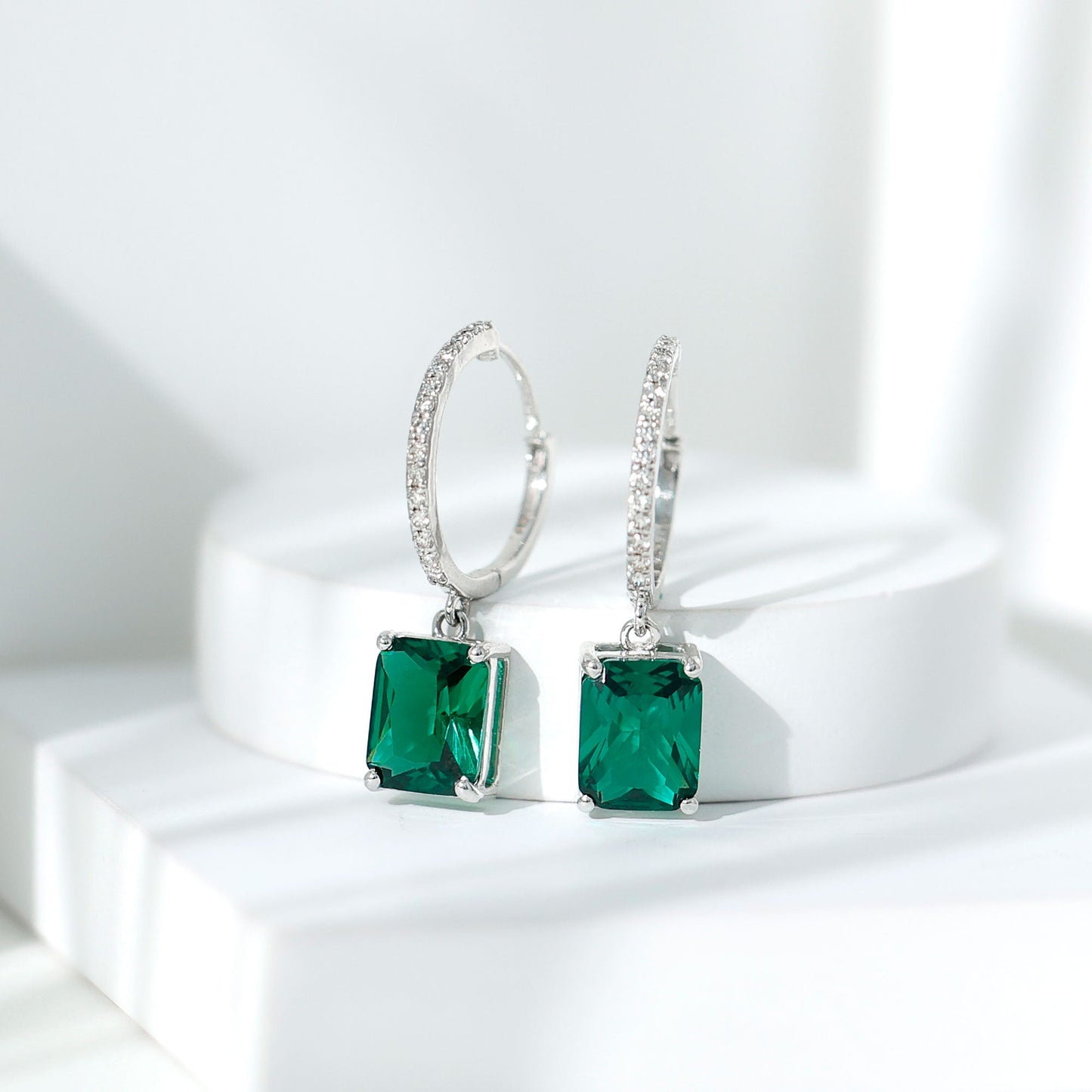 5 CT Lab Grown Emerald Hoop Dangle Earrings with Diamond