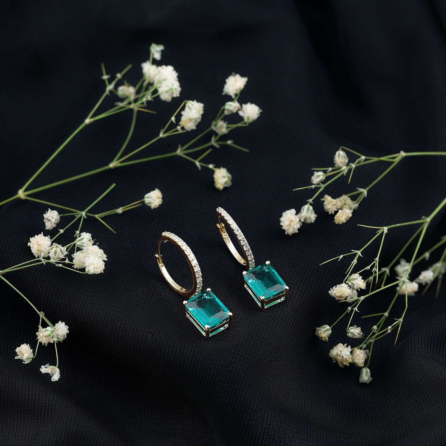 5 CT Lab Grown Emerald Hoop Dangle Earrings with Diamond