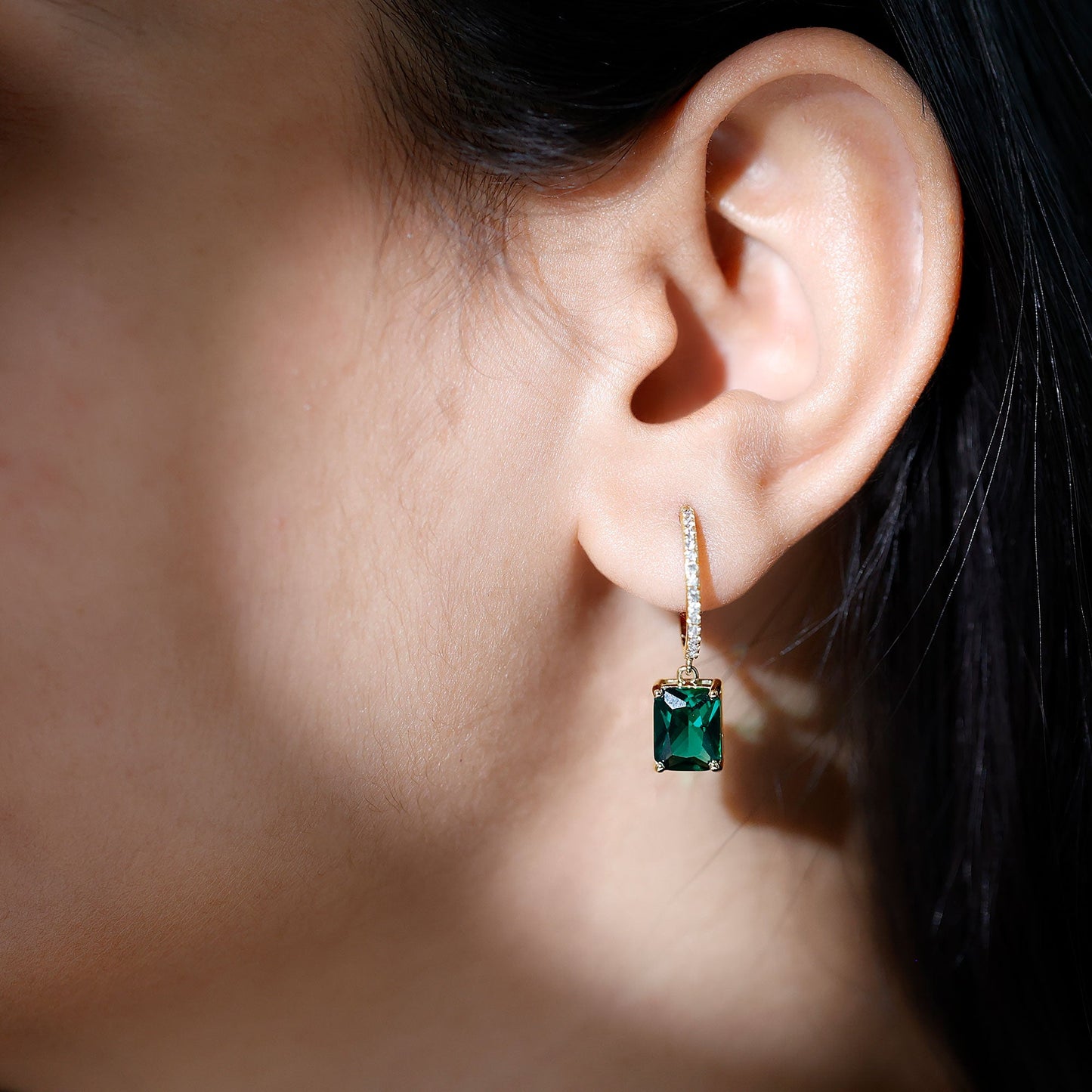 5 CT Lab Grown Emerald Hoop Dangle Earrings with Diamond