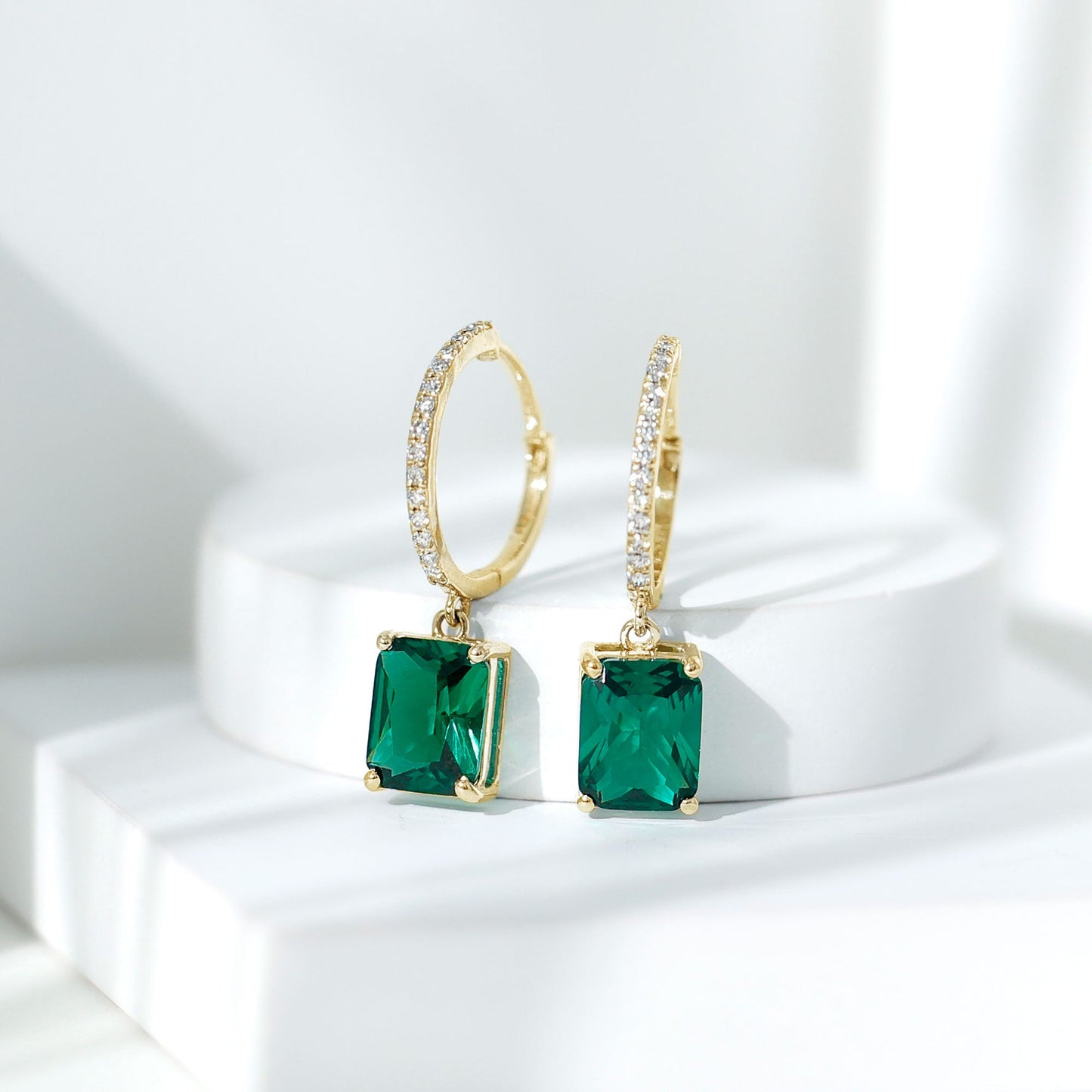 5 CT Lab Grown Emerald Hoop Dangle Earrings with Diamond