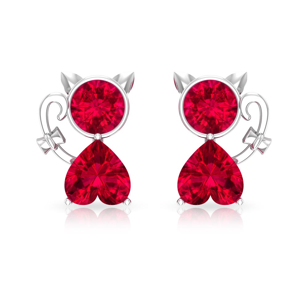 2 CT Kitty Stud Earrings with Round and Heart Shape Created Ruby