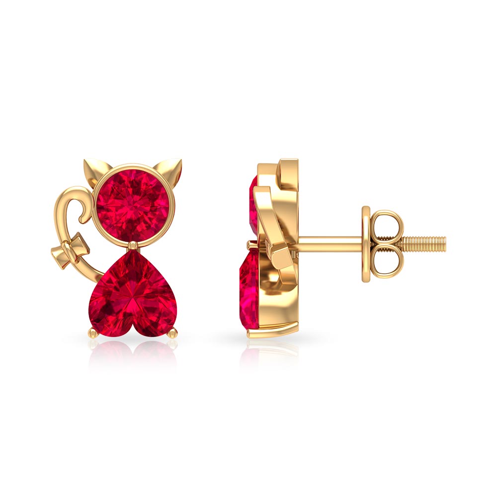 2 CT Kitty Stud Earrings with Round and Heart Shape Created Ruby