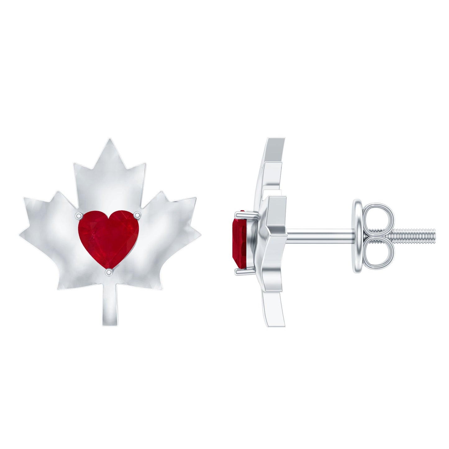1 CT Heart Shape Ruby Maple Leaf Stud Earrings