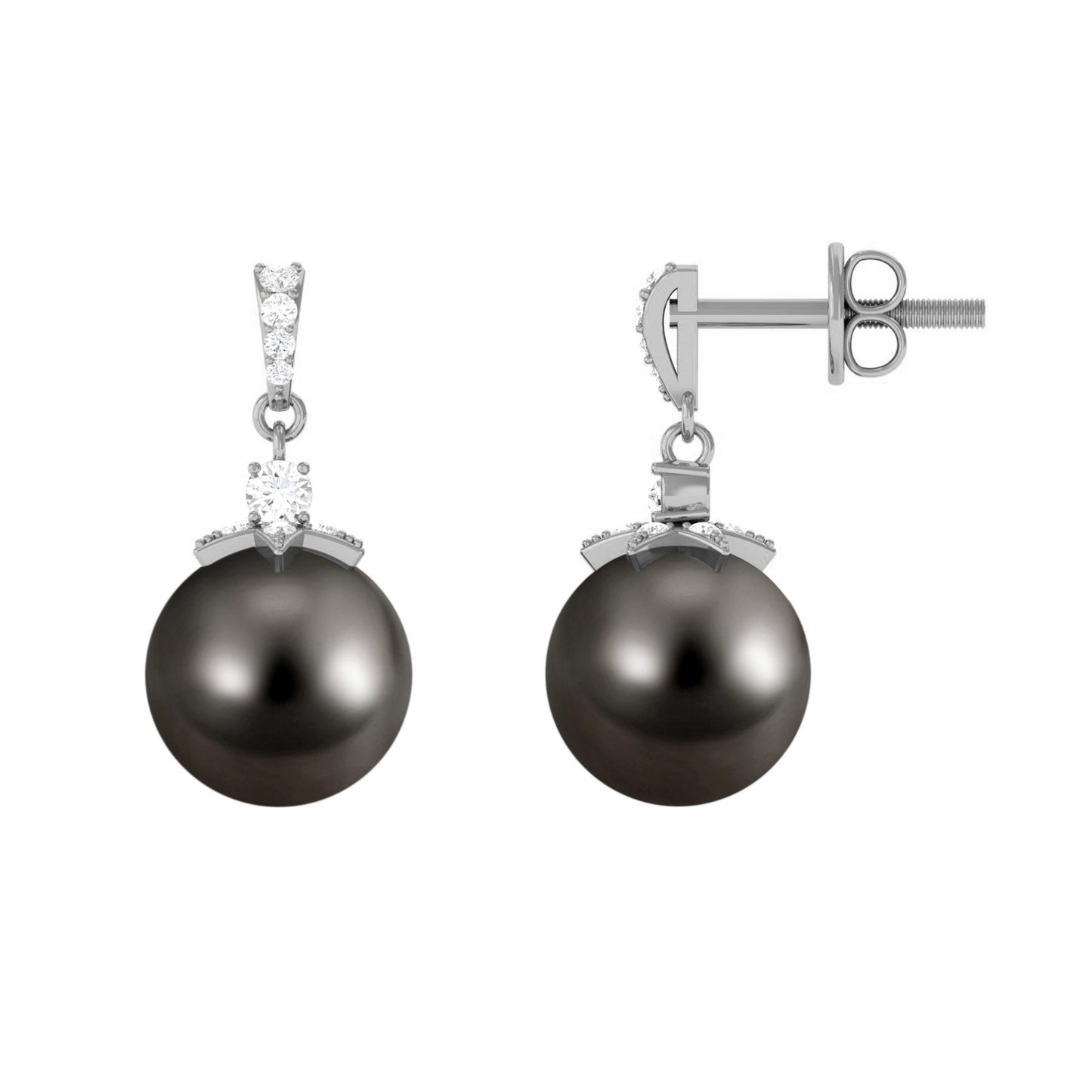 Cultured 16 Carat Black Tahitian Pearl Bridal Drop Earrings with Diamond