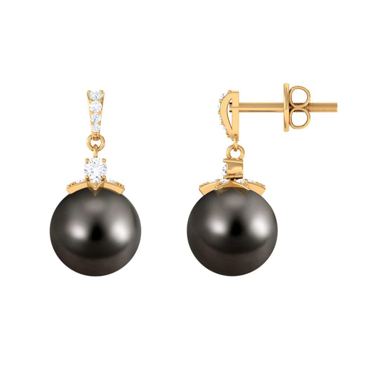 Cultured 16 Carat Black Tahitian Pearl Bridal Drop Earrings with Diamond