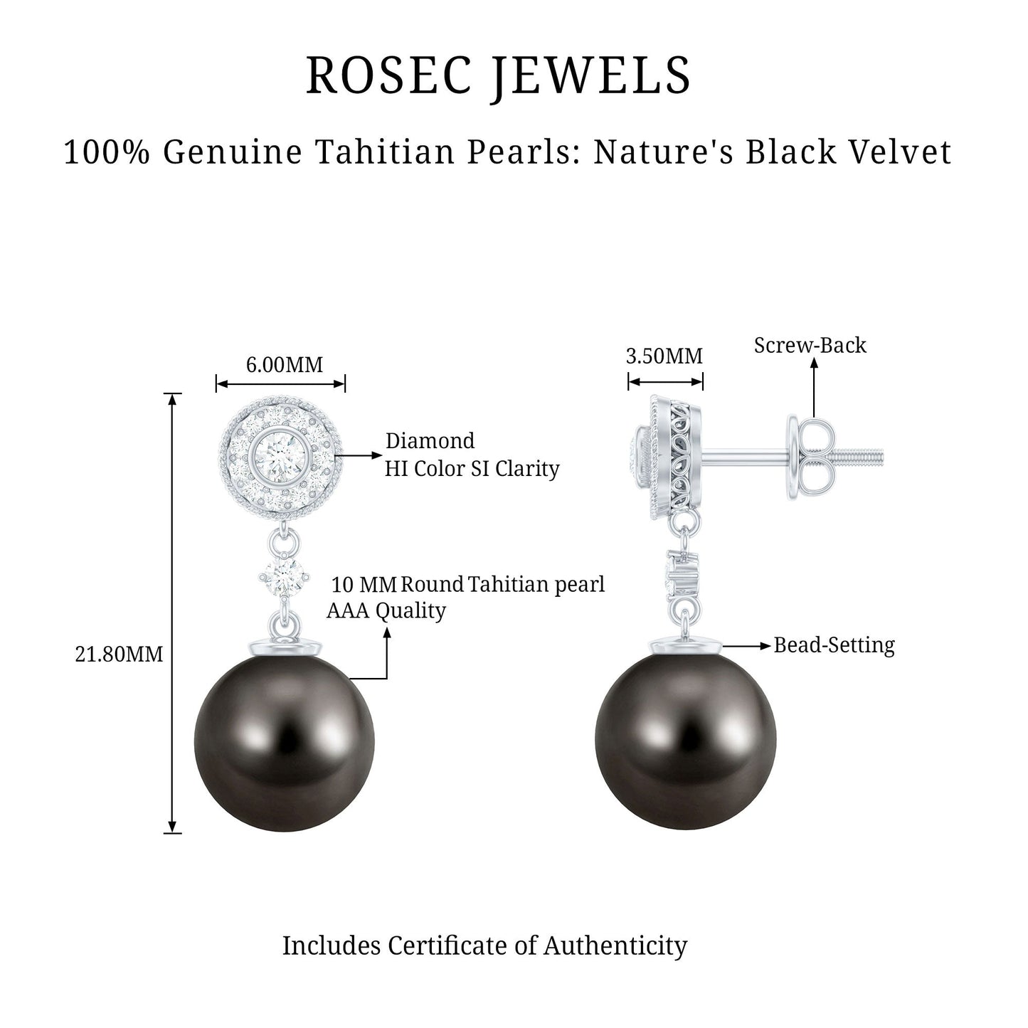 Natural 15 Carat Tahitian Pearl Diamond Drop Earrings for Women