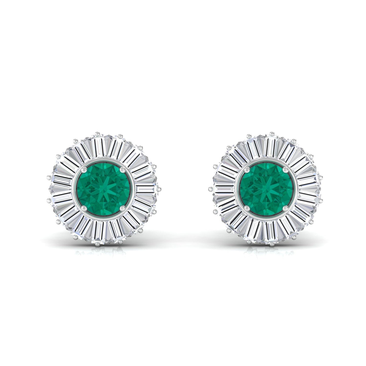 1 CT Prong Set Emerald Stud Earrings with Baguette Diamond Halo