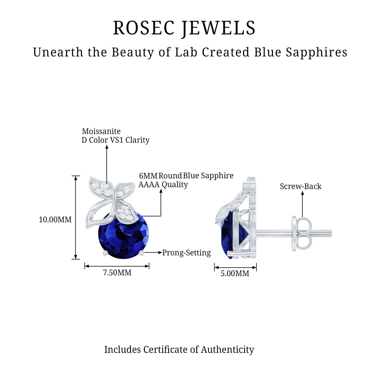 2 Carat Lab Created Blue Sapphire and Moissanite Butterfly Stud Earrings