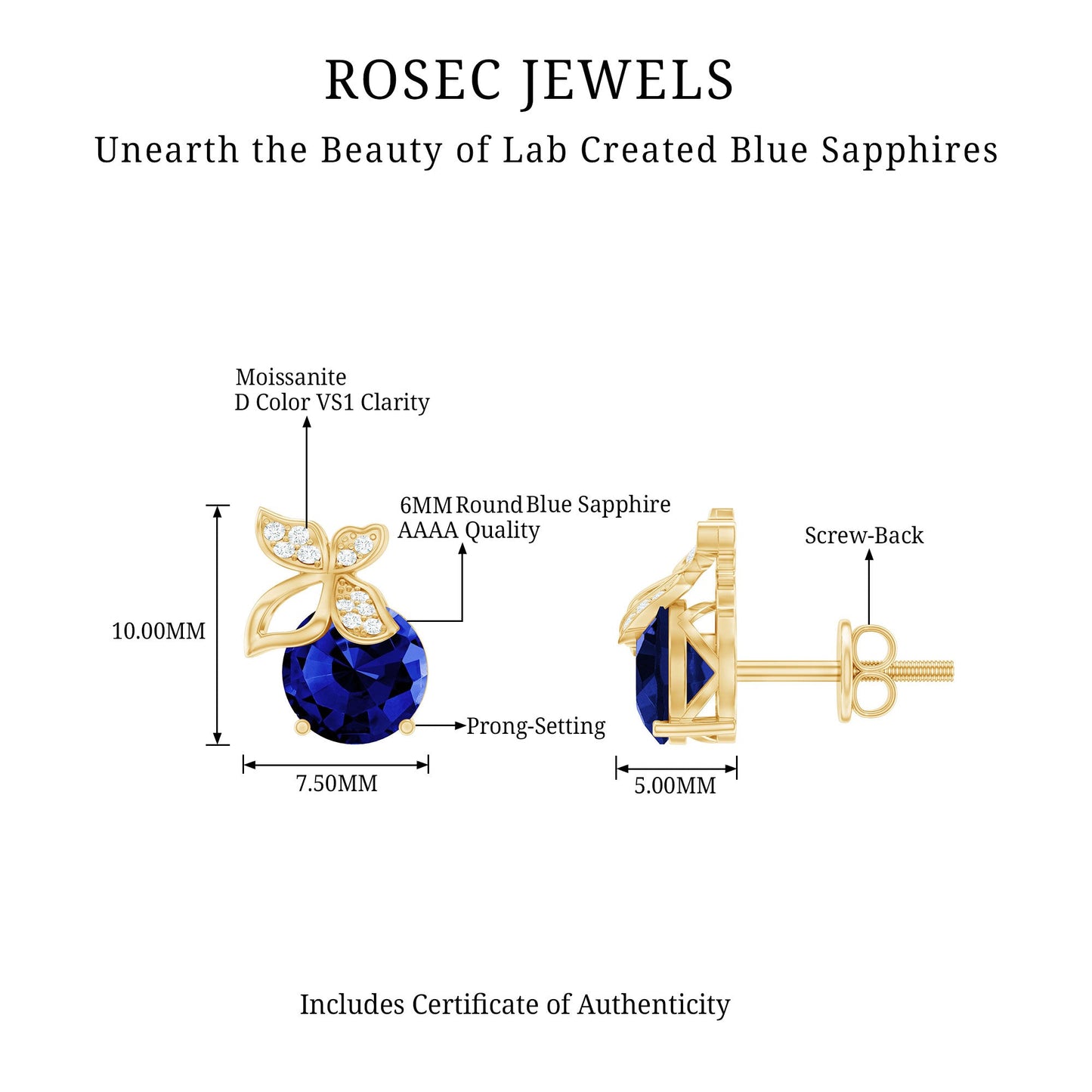 2 Carat Lab Created Blue Sapphire and Moissanite Butterfly Stud Earrings