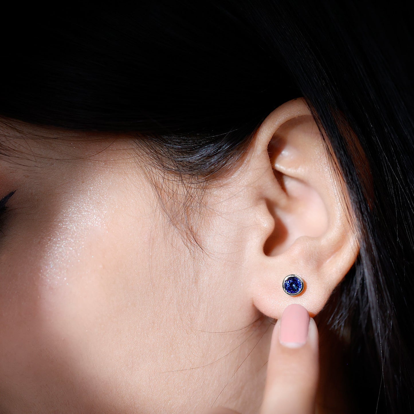 Solitaire 5MM Lab Created Blue Sapphire Stud Earrings in Bezel Setting