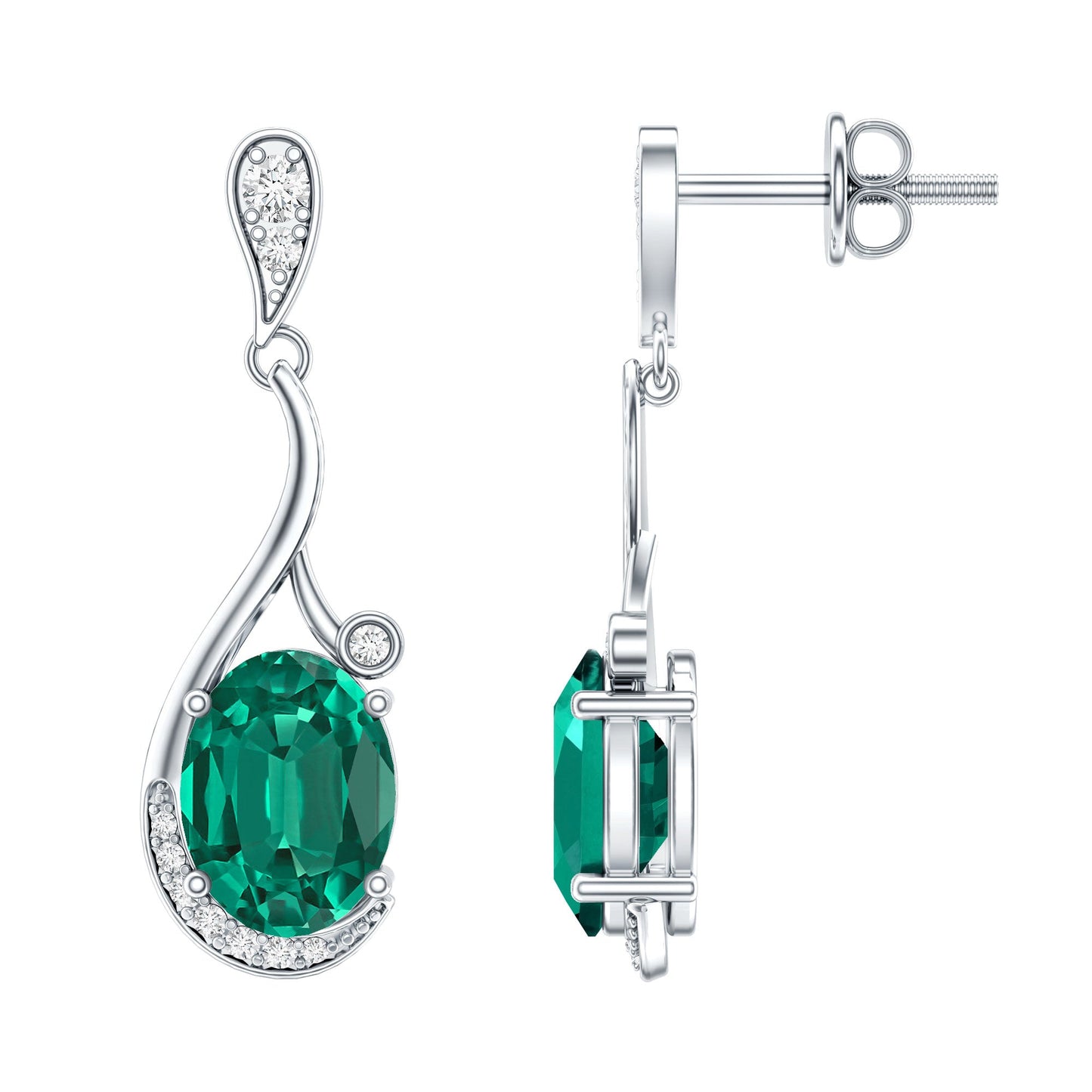 Oval 2.5 Carat Lab Grown Emerald Bridal Drop Earrings in Sterling Silver