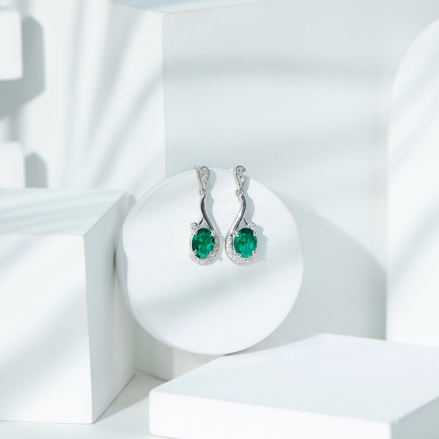 Oval 2.5 Carat Lab Grown Emerald Bridal Drop Earrings in Sterling Silver