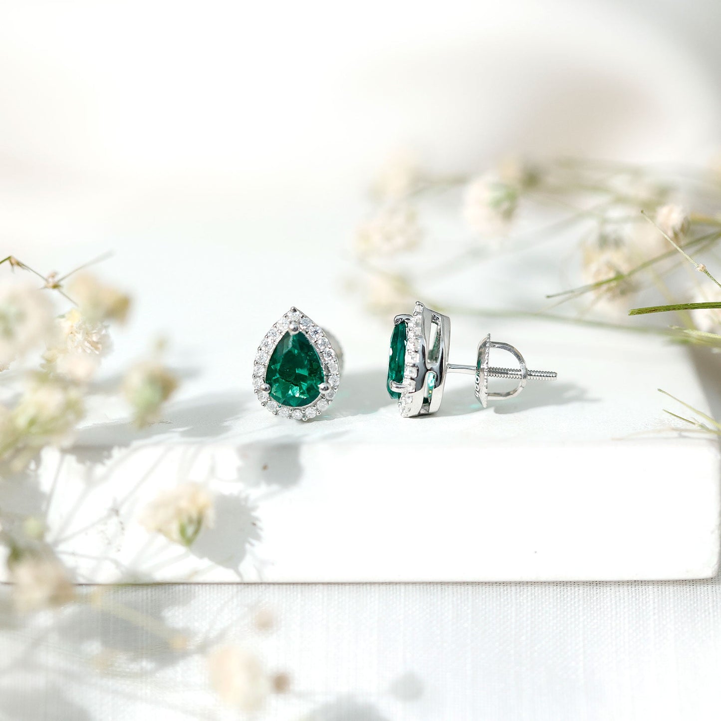 Sterling Silver 1.4 Carat Lab Grown Emerald Teardrop Earrings with Halo