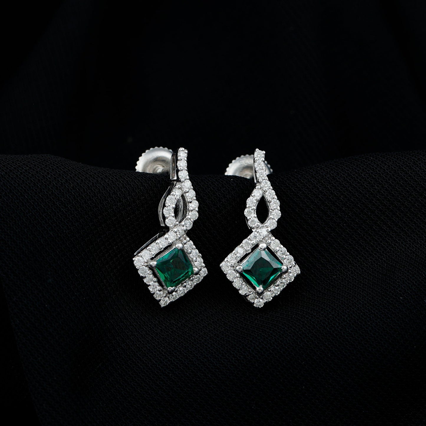 Sterling Silver 0.7 Carat Lab Grown Emerald Drop Earrings with Moissanite