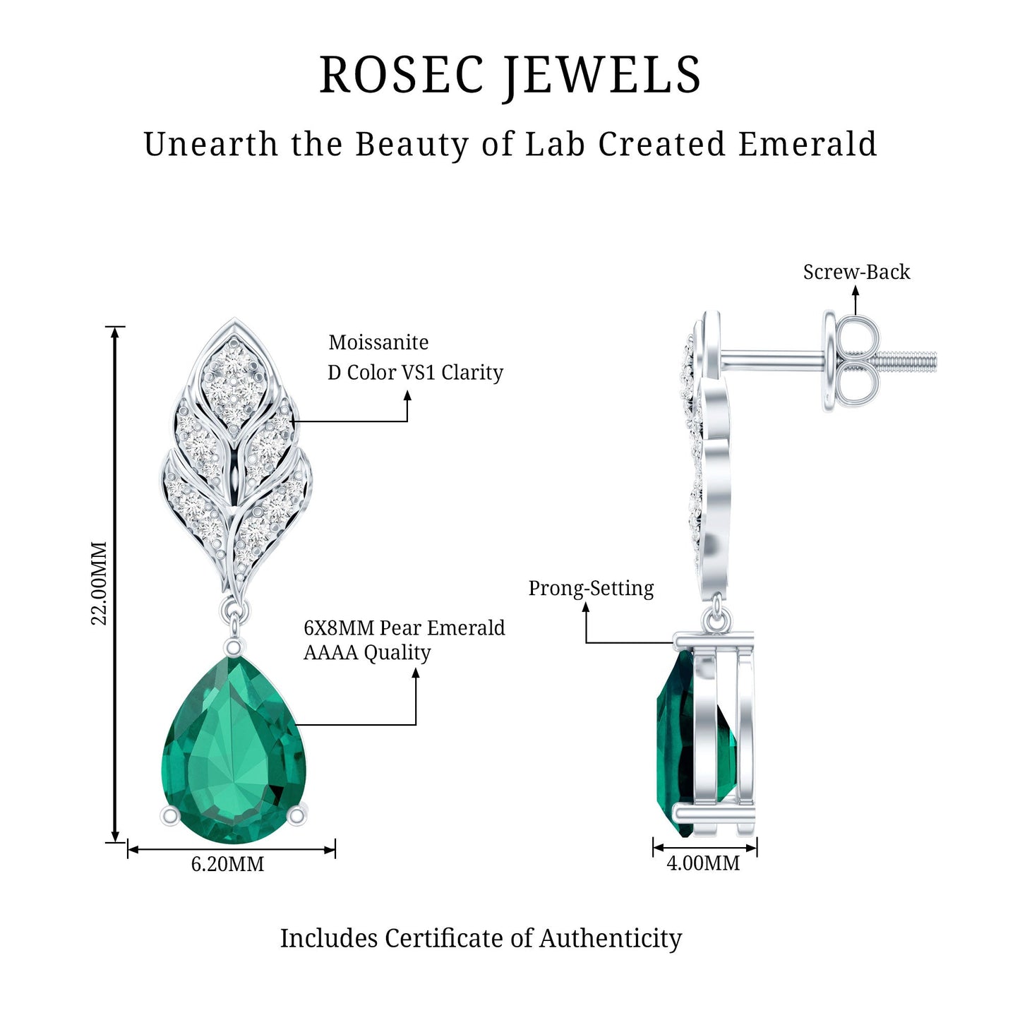 Certified 2 Carat Lab Grown Emerald Designer Earrings with Certificate