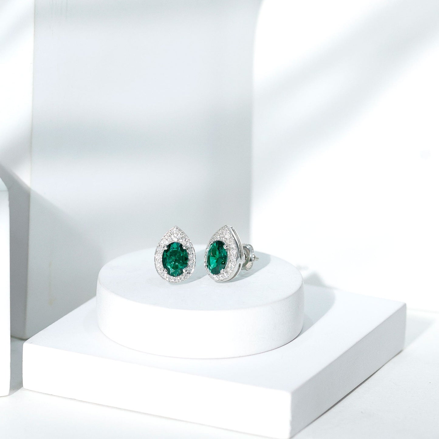 2.5 Carat Lab Grown Emerald Teardrop Stud Earrings with Moissanite Halo
