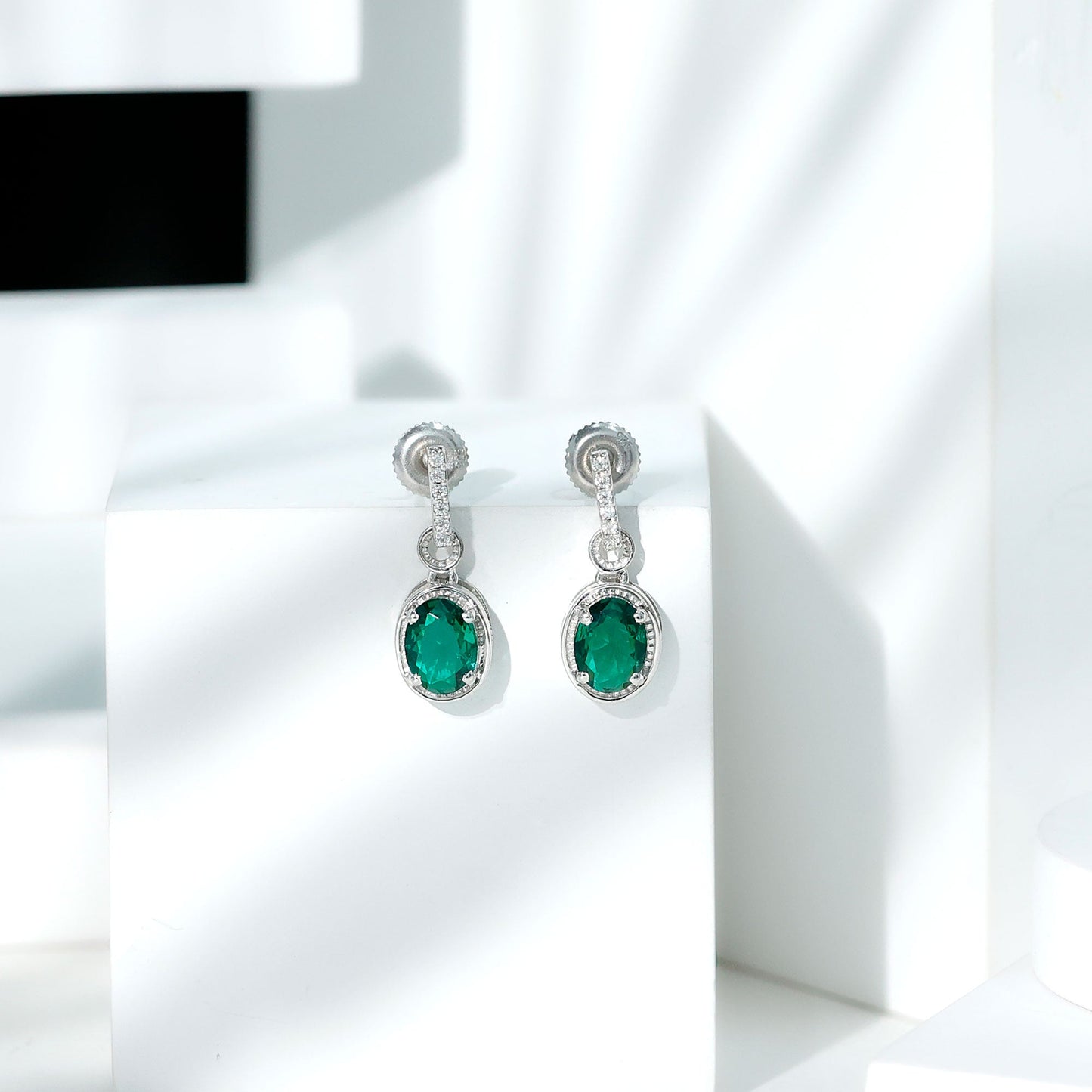 Vintage Inspired 2.5 Carat Oval Lab Emerald Drop Earrings in Silver