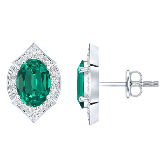 Certified 1.7 Carat Lab Grown Emerald Vintage Stud Earrings with Moissanite