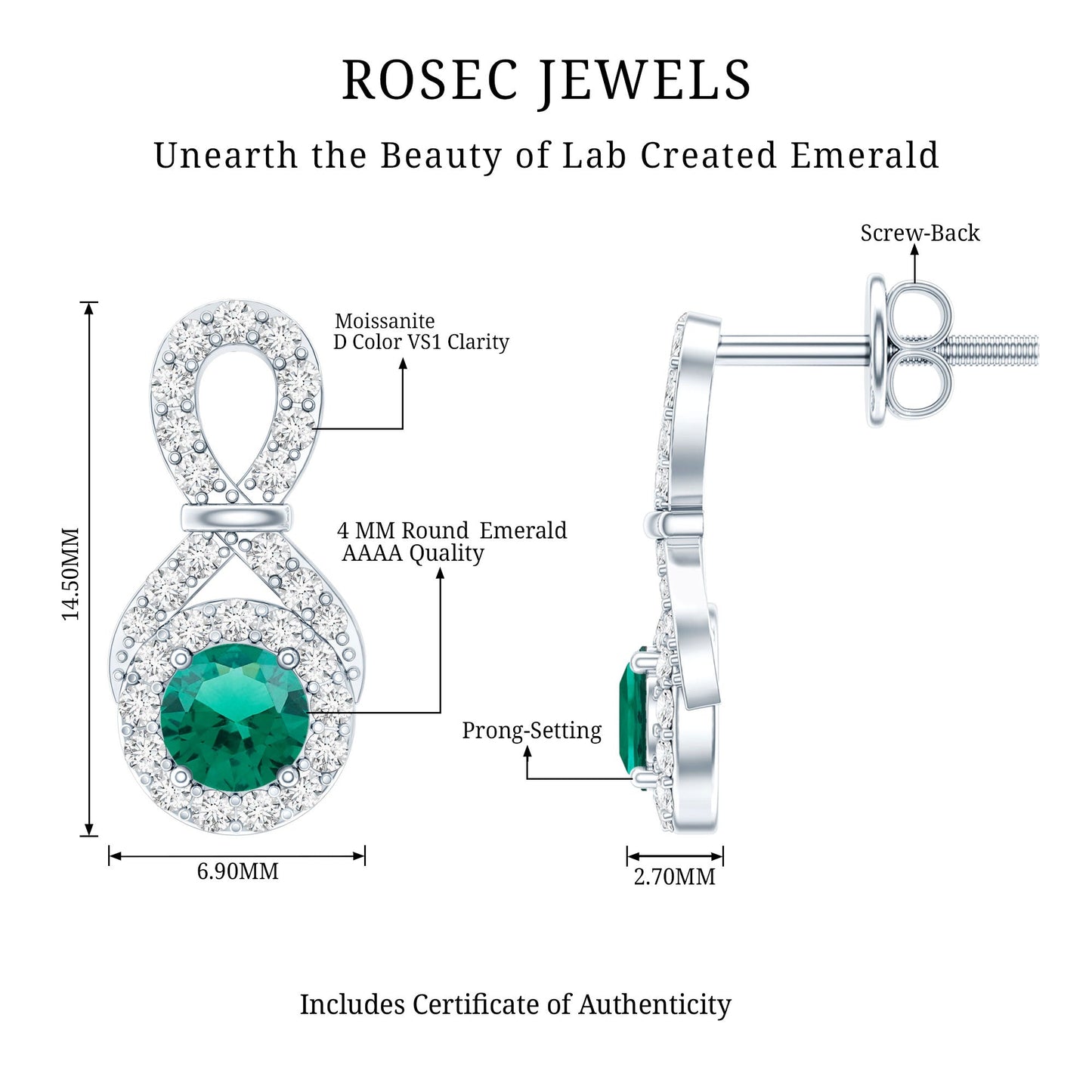 Half Carat Lab Grown Emerald Infinity Stud Earrings with Moissanite