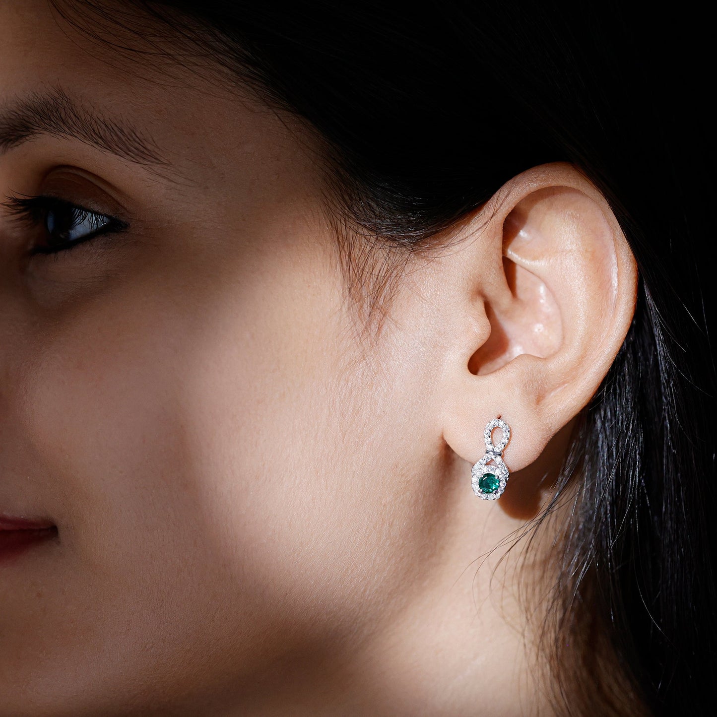 Half Carat Lab Grown Emerald Infinity Stud Earrings with Moissanite