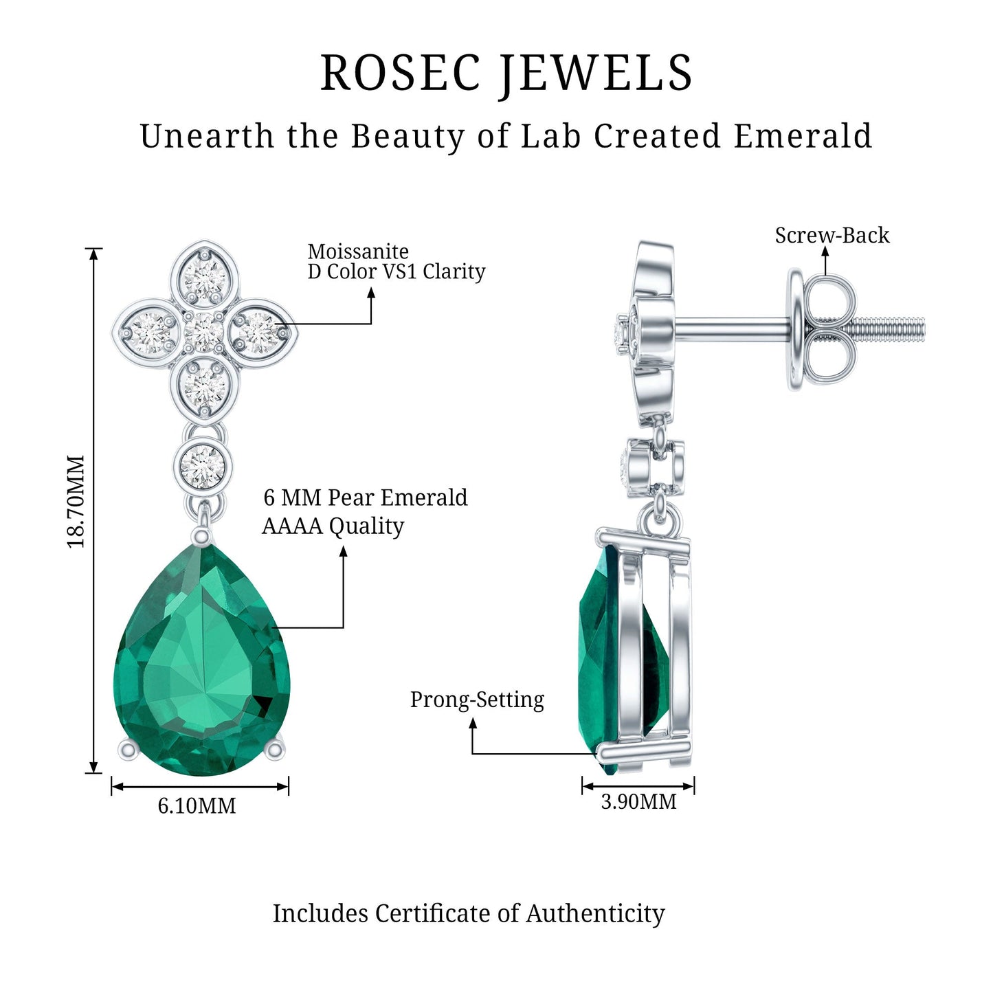 Sterling Silver 2 Carat Lab Grown Emerald Drop Earrings with Moissanite