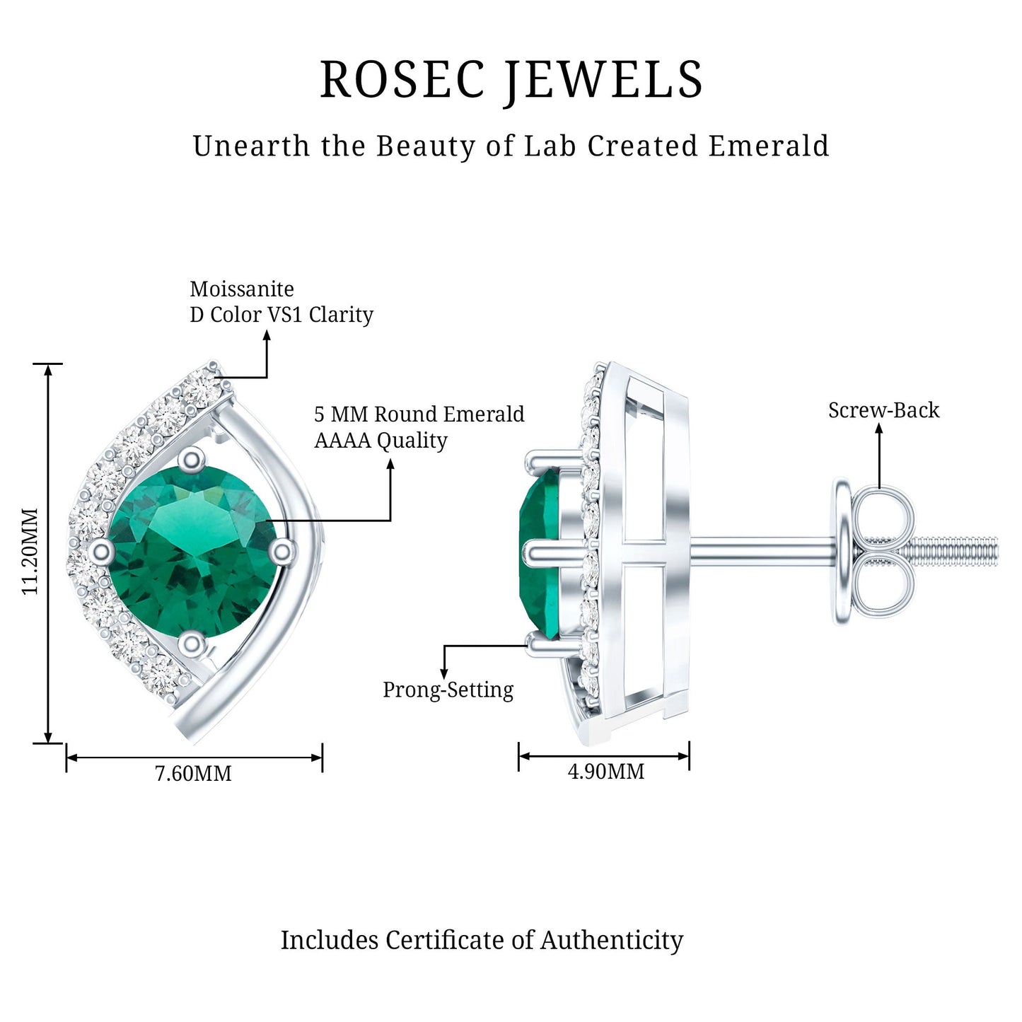 Sterling Silver 1 Carat Lab Grown Emerald Stud Earrings with Moissanite
