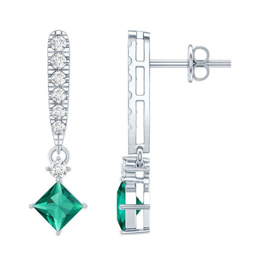 Princess Cut 0.7 Carat Lab Grown Emerald Drop Earrings with Moissanite