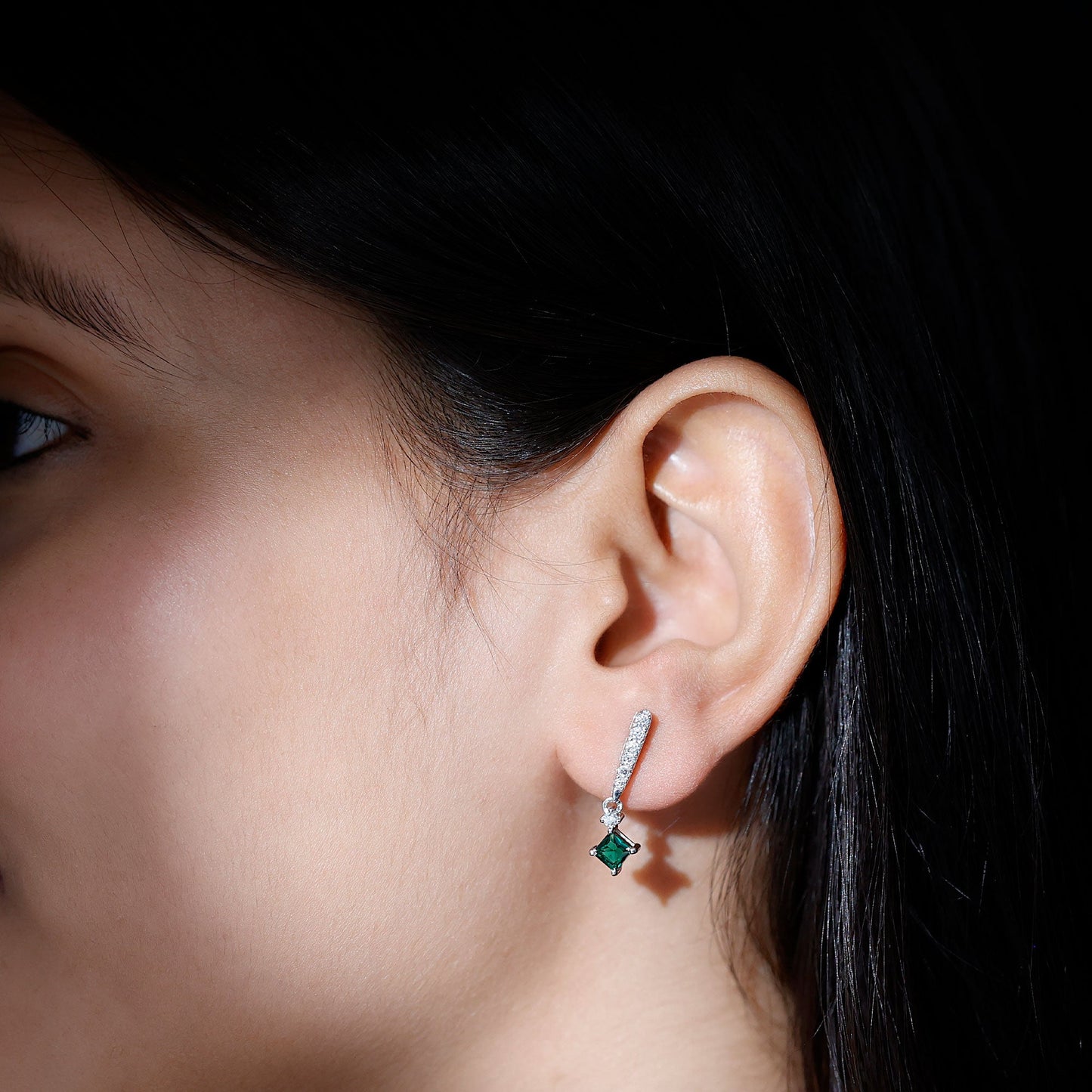 Princess Cut 0.7 Carat Lab Grown Emerald Drop Earrings with Moissanite