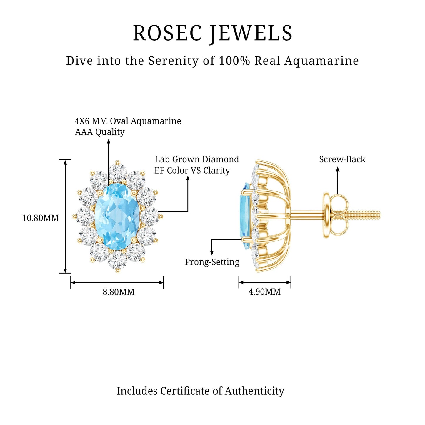 Real 0.8 Carat Oval Aquamarine Stud Earrings with Lab Diamond Halo