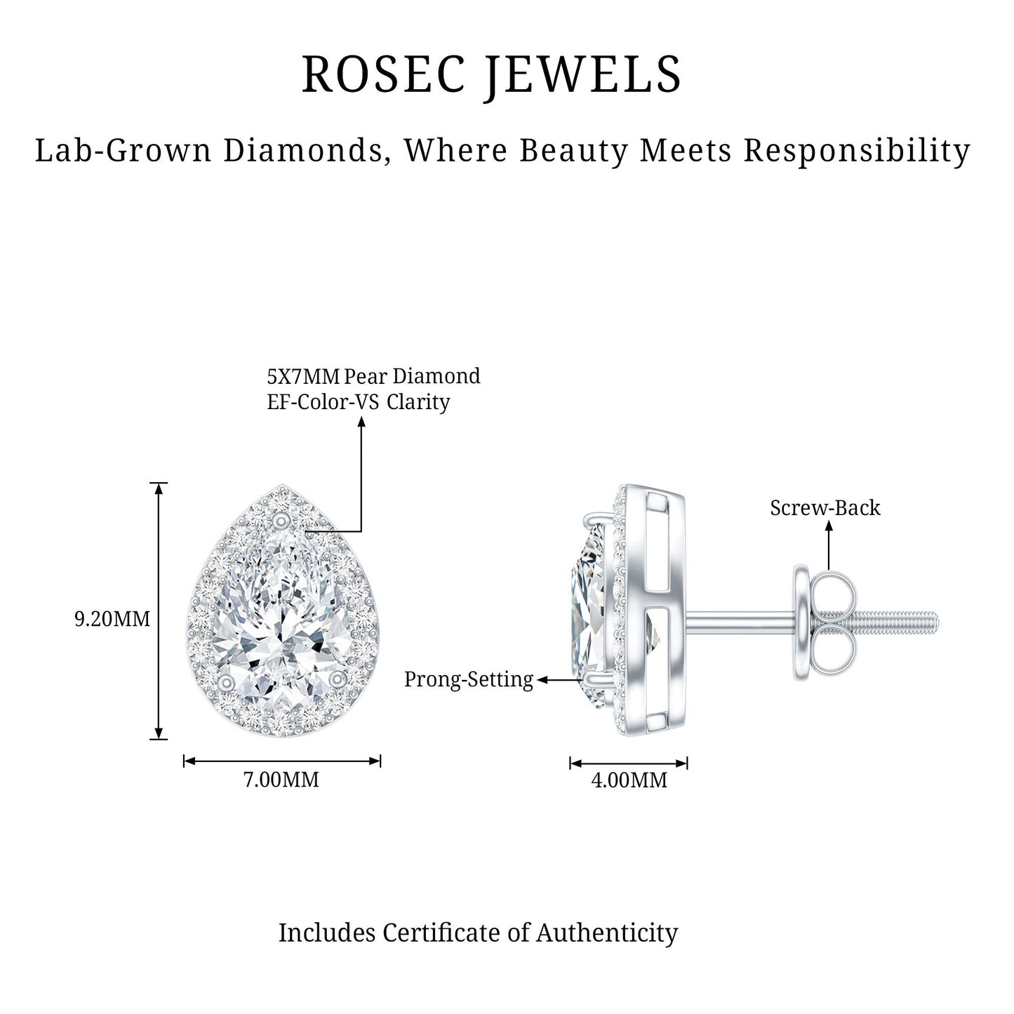 Certified 5X7 MM Lab Grown Diamond Teardrop Stud Earrings