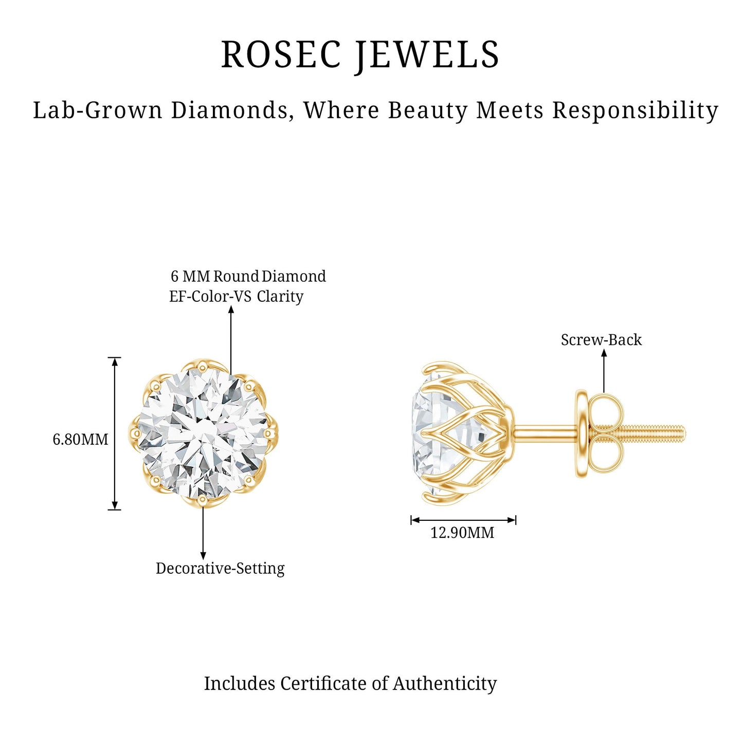 Certified 6 MM Lab Grown Diamond Solitaire Stud Earrings