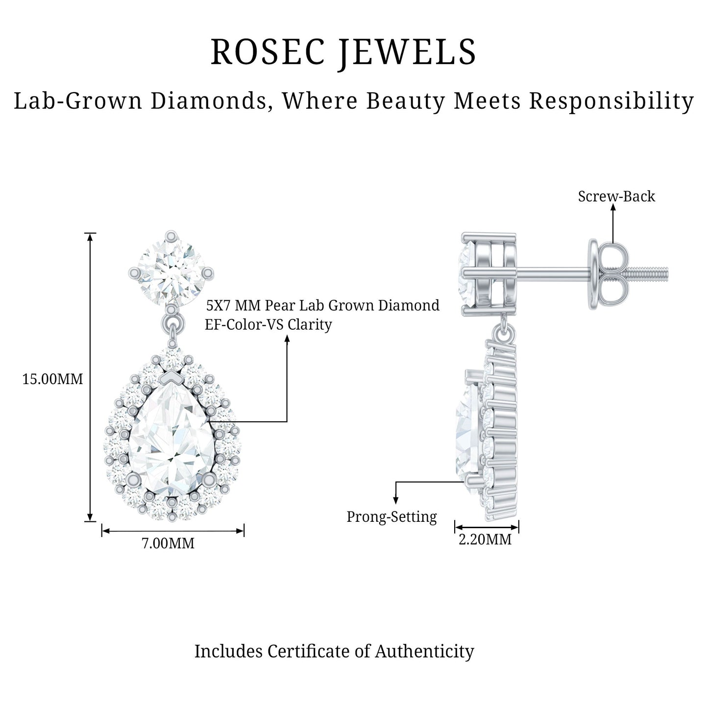 Lab 5X7MM Pear Shaped Diamond Bridal Drop Earrings