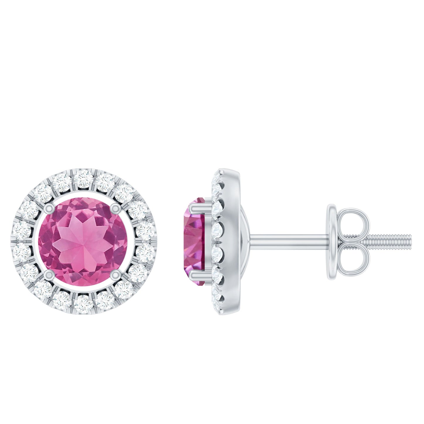 Natural Pink Tourmaline and Diamond Halo Stud Earrings