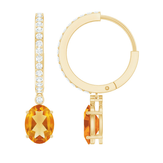 Oval Shape Citrine Hoop Drop Earrings with Diamond