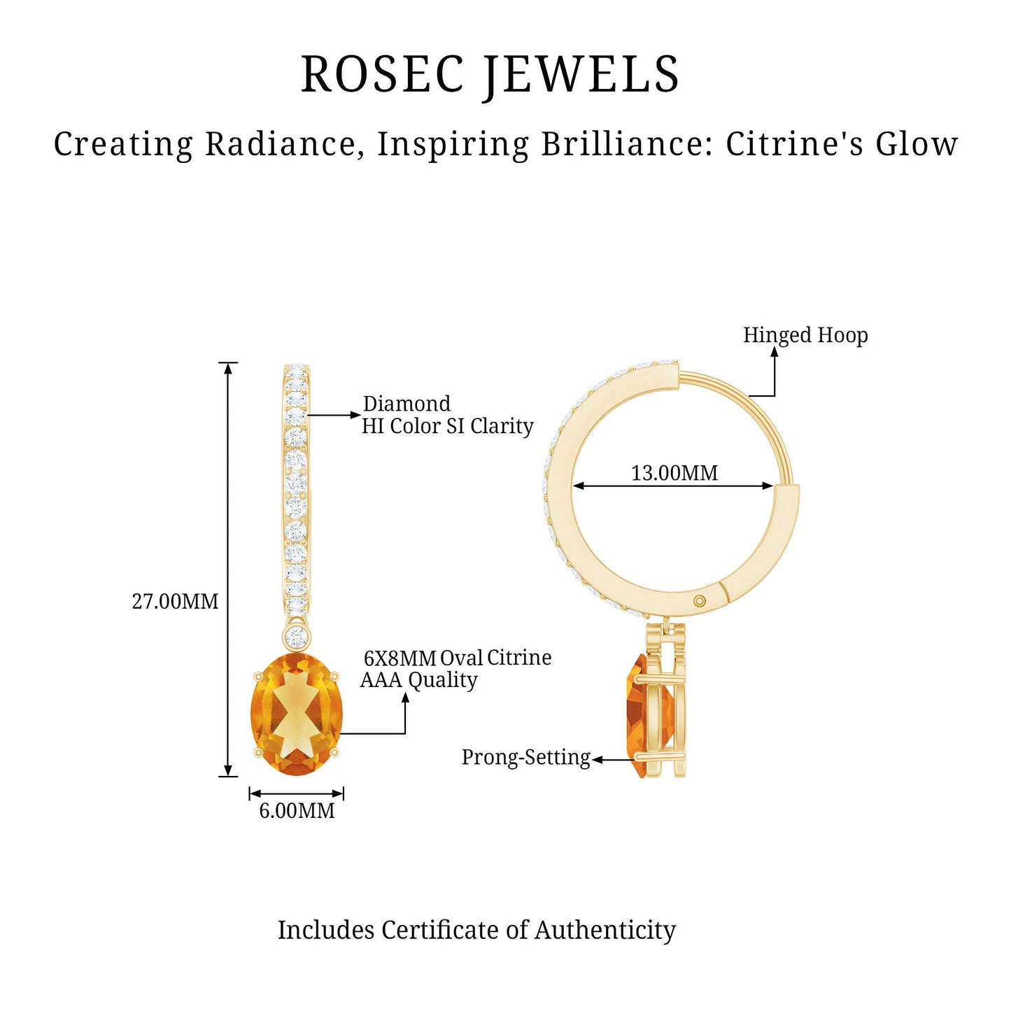 Oval Shape Citrine Hoop Drop Earrings with Diamond