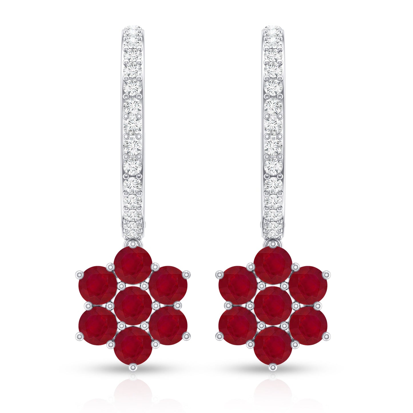 Certified Ruby Flower Drop Earrings with Moissanite Hoop
