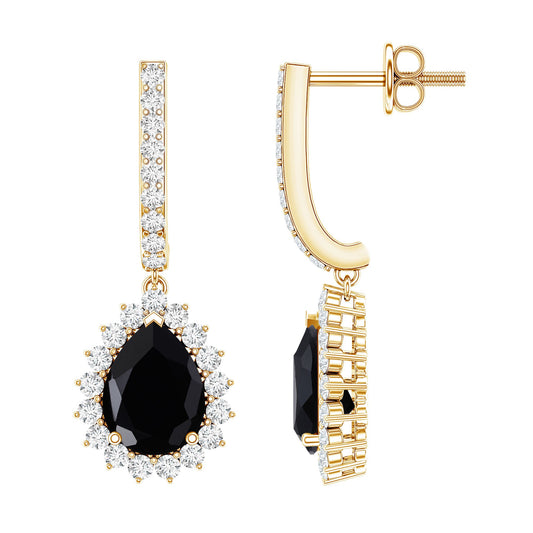 Natural 6X8mm Black Spinel Teardrop Earrings with Moissanite Halo